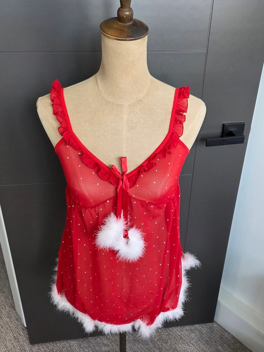 Holiday Red Mesh Babydoll Lingerie Faux Fur Pom Poms Size S/M